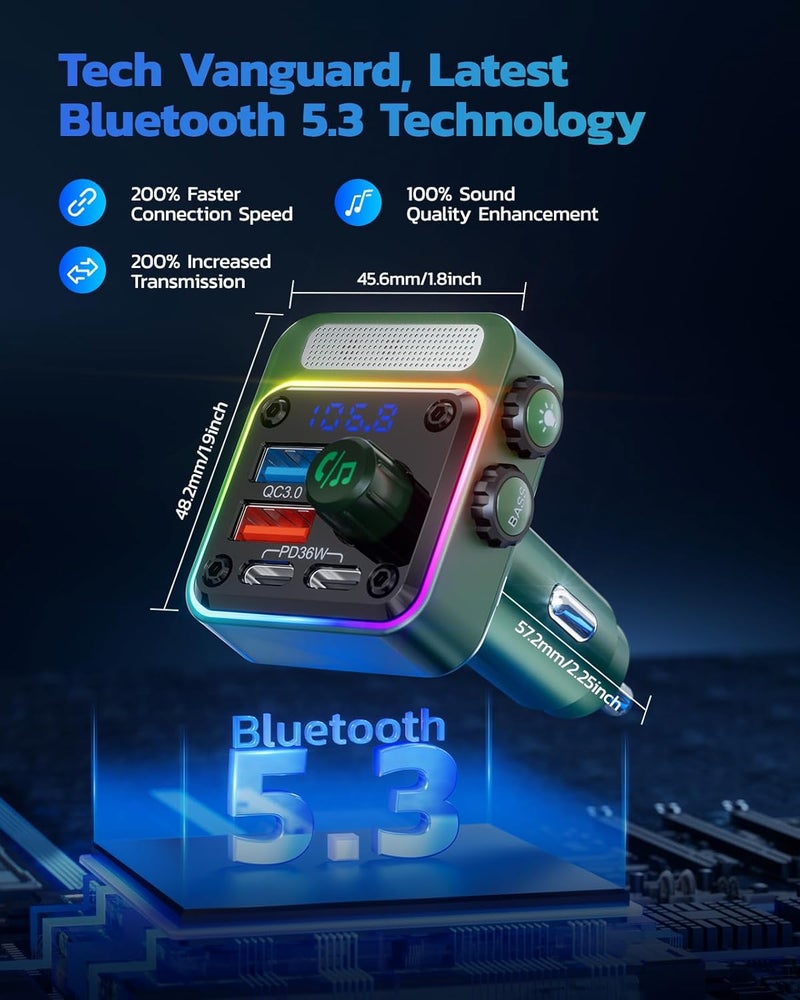 nulaxy 54W Bluetooth 5.3 Car Adapter with 4 Charging Ports [PD 36W & QC3.0 18W], Wireless Radio FM Transmitter with Deep Bass Player & 5 Colors LED Backlit, Hands-Free Calling - Green - Image 3